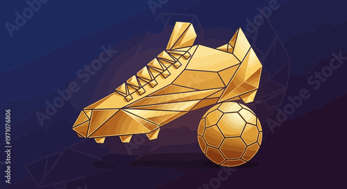 Golden Soccer Boot and Ball, Low Poly Style, Abstract Sports Concept