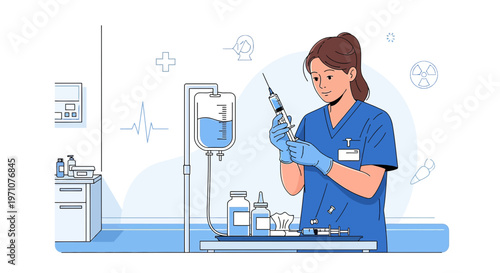 Nurse preparing injection with IV drip in hospital room, medical care concept
