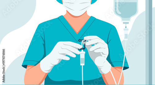 Nurse preparing IV drip infusion for patient, medical care and treatment concept