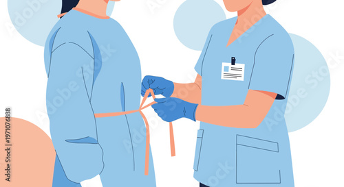 Nurse in protective gear tying gown on patient, medical care, healthcare, hospital setting