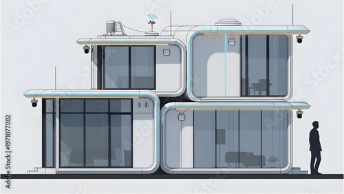 Smart Modular House IoT Devices 3D CAD Side Elevation Futuristic Design Human Scale