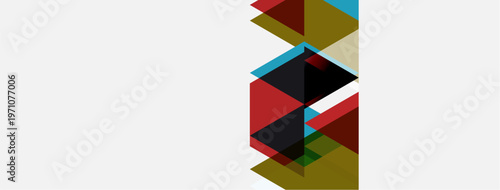 Abstract geometric shapes overlap, creating dynamic composition. Red, black, gold, turquoise hues dominate neutral background. Modern design.