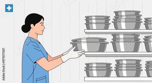 Nurse Organizing Medical Equipment Trays in a Hospital Storage Room