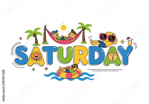 Colorful cartoon illustration depicting diverse characters enjoying various relaxing summer activities, celebrating the joyful essence of a carefree Saturday weekend