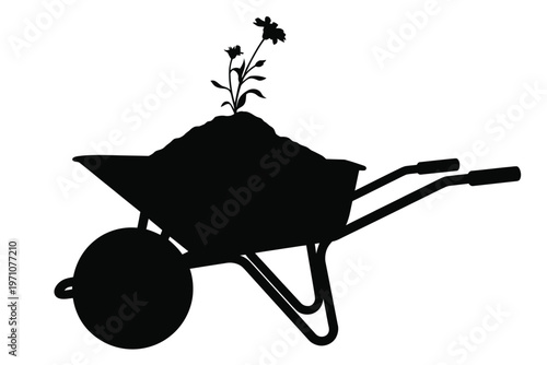 A black silhouette of a wheelbarrow with a small plant growing out of it