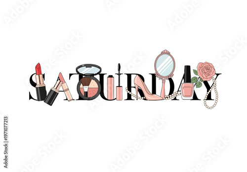 Vibrant illustration depicting the word 'Saturday' created with an array of stylish beauty and fashion essentials, perfect for weekend glamour and self-care themes and relaxation