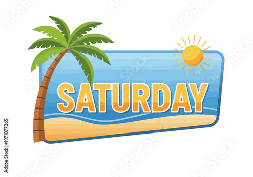 Bright Saturday Banner Illustrating a Relaxing Beach Day with a Palm Tree and Sunny Sky, Capturing Weekend Vacation Vibes
