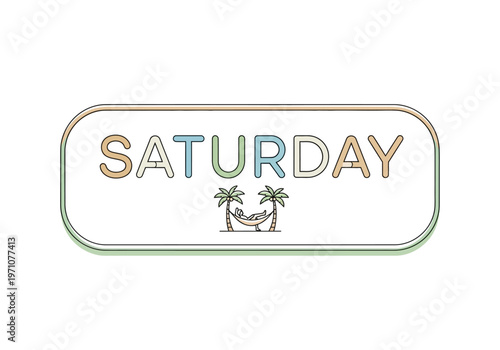 Relaxing Saturday typography illustration featuring tropical palm trees and hammock, perfect for weekend escape themes and leisure designs