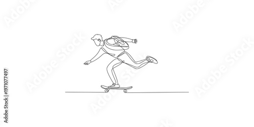 Continuous line drawing of a skateboarder performing a trick in motion skateboard one minimalist black