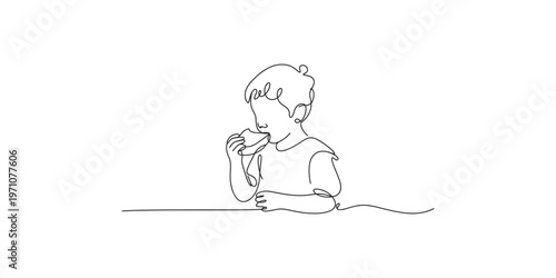 Continuous line drawing of a child eating a sandwich one kid lunch meal food simple