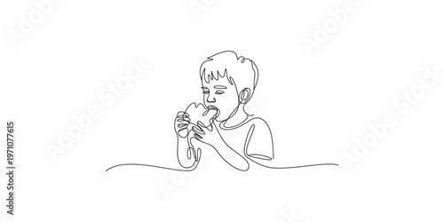 A young boy eating a heart shaped food child one line drawing art minimalist simple