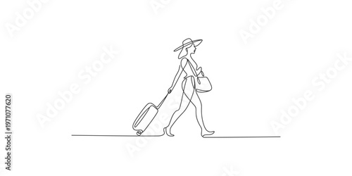 Woman walking with a suitcase and handbag wearing a hat traveling vacation tourism adventure journey