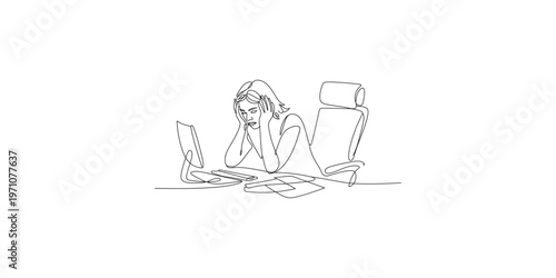 Continuous line drawing of stressed businesswoman sitting at office desk with laptop computer woman stress