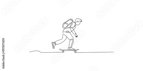 Continuous line drawing of a man riding a skateboard with a backpack on skateboarder one