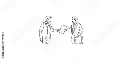 Two businessmen exchanging document in a simple line drawing style business men exchange illustration one