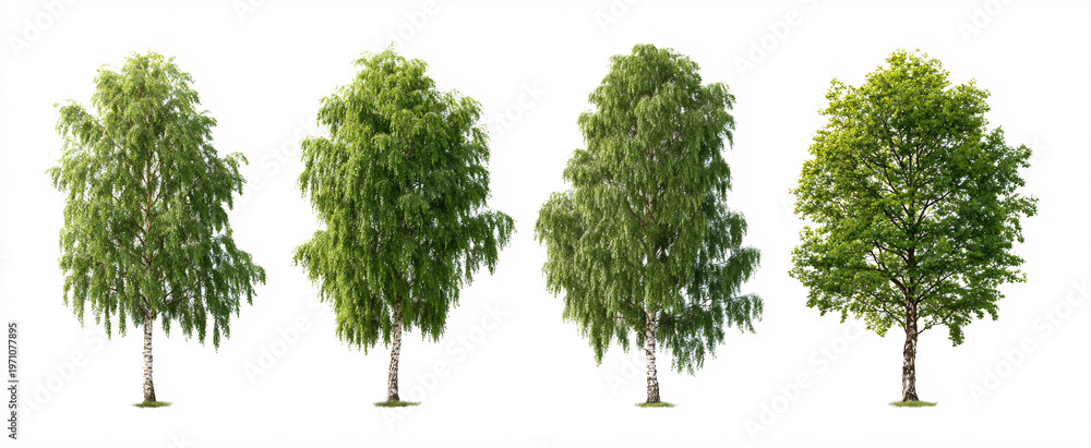 Fototapeta premium Stunning set of 5 Betula pendula showcased in vivid daylight against a pristine white backdrop
