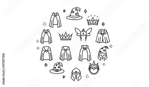 Modern fantasy costume icons collection with capes, wizard hats, crowns, and magical accessories