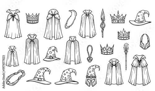 Detailed fantasy cape and costume outline icon set with wizard hats, crowns, and mythical accessories