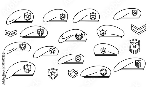 Detailed military beret outline icon set with soldier headgear and army insignia symbols