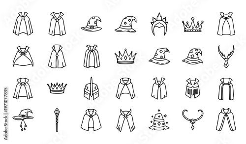 Fantasy cape and magical costume outline icon set with wizard hats, crowns, and enchanted accessories