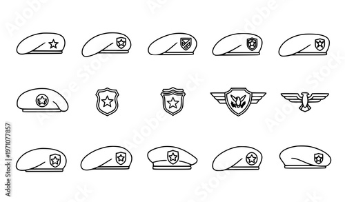 Military beret outline icon set with army headgear, special forces berets, and service emblems
