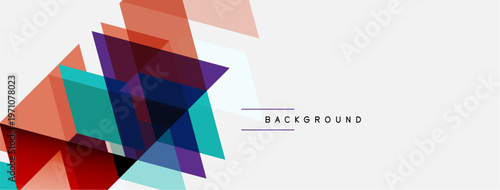 Abstract geometric shapes overlap, creating vibrant color blocks. White space dominates right side with text. Modern design elements present.