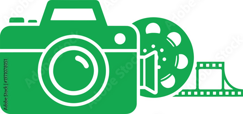 Green camera with reel and filmstrip camera lens
