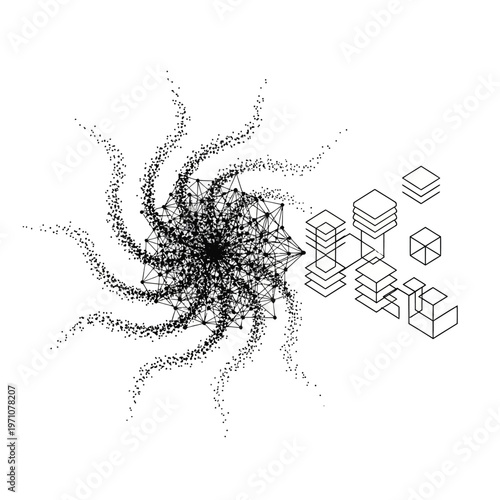 Black dots transforming into cubes.