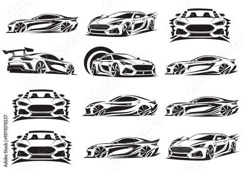 Collection of Modern Sports Car Vector Silhouettes and Supercar Icons for Automotive Branding, Racing Team Logos, Garage Signs, and High-Performance Vehicle Design Elements