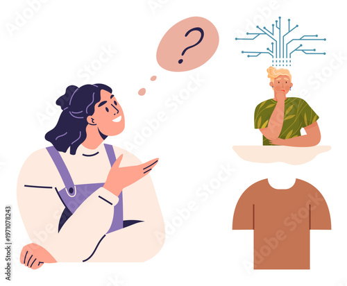 Artificial intelligence, human cognition, identity, technology, decision-making, innovation. A woman thinking while a concept of AI and circuits emerges above a headless figure. Artificial