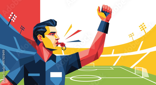 Soccer Referee Blowing Whistle, Signaling Foul in Stadium