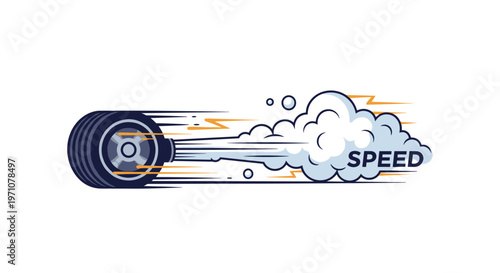 Racing car tire illustration moving at high speed with smoke trails and lightning bolts on a white background.