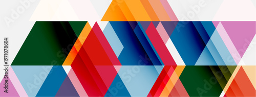 Abstract geometric composition. Colorful triangles overlap, creating dynamic visual pattern. Modern design, vibrant hues dominate.