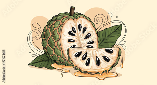 Custard apple fruit, also known as cherimoya, is shown as a whole fruit and a sliced section with black seeds and sweet white pulp.