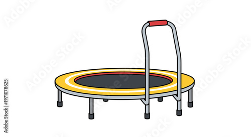 Compact fitness trampoline for home exercise features a yellow and black jumping mat and a stable metal handle bar for safety.
