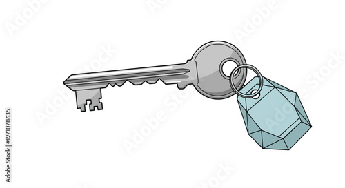 Simple silver door key is attached to a keychain with a large light blue faceted crystal or gemstone on a white background.