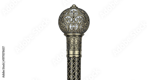 Intricately designed silver cane head with ornate patterns and scrolls is shown in a close-up illustration for luxury accessory concepts.