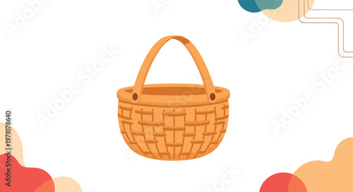 Simple orange woven basket illustration features a wide opening and a single handle, set against a modern abstract background.