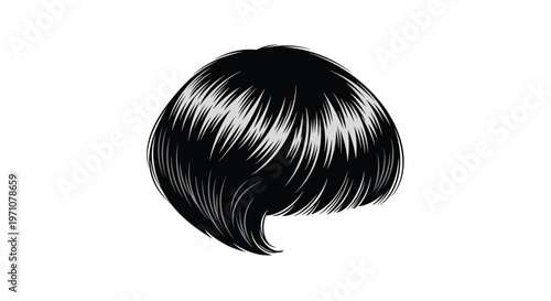 Stylish black bob haircut or wig is illustrated with shiny highlights and a curved shape, suitable for hair salon and beauty themes.