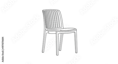 Modern white plastic chair with a slatted backrest and slim legs is shown in a clean line art illustration for furniture design.