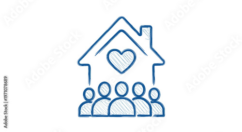 Blue sketch-style icon depicts a house roof protecting a family of five with a heart symbol, representing home and family love.