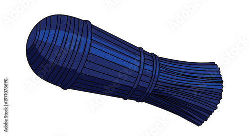 Large decorative blue tassel is shown in a perspective view, featuring bound fibers and a rounded top for home interior decoration.