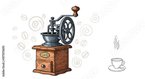 Vintage manual coffee grinder made of wood and metal is shown with floating coffee beans and a steaming cup for a cafe concept.