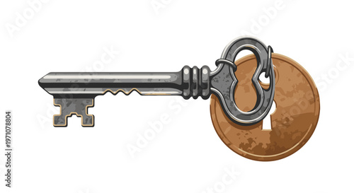 Antique metal key inserted into a round rusty keyhole in a pixel art style for mystery and adventure games.