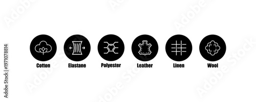 Illustrated symbols of cotton, elastane, polyester, leather, linen, and wool fabrics.