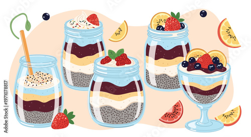 Collection of healthy chia seed pudding jars topped with colorful fruits like berries and kiwi for nutrition planning.