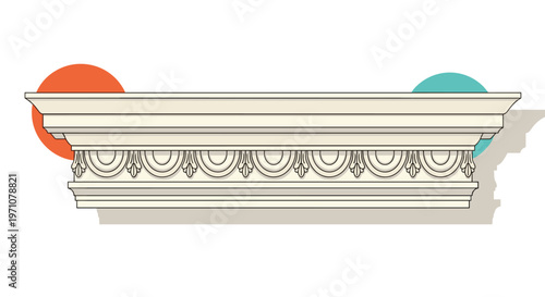Classical architectural cornice or molding with ornate decorative patterns on a colorful background for interiors.