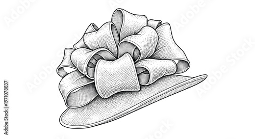 Detailed black and white engraving style drawing of a sophisticated lady hat with a large ribbon bow for fashion.