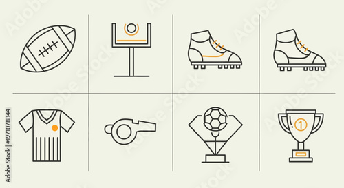 Sports Equipment and Symbols Icon Set - Football, Soccer, Rugby, Referee