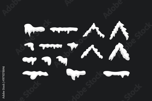 Set of 16 realistic snow caps on black background.